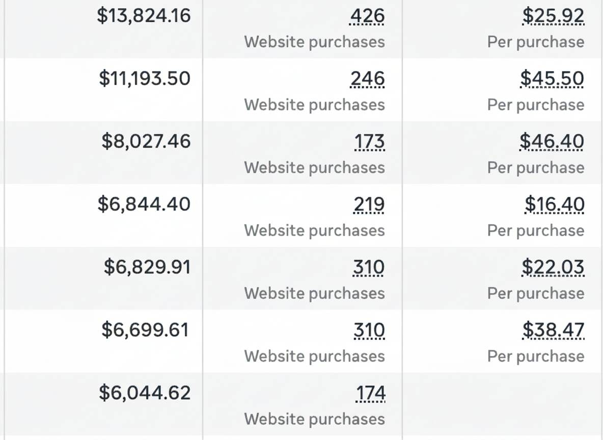 Profitable Low-Ticket Ad Scaling Results Facebook Ads results displaying 892 purchases with $16,547 spend demonstrating profitable low-ticket scaling